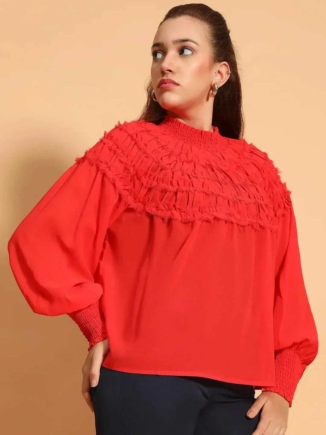 Whole Red Long Sleeve Frill Detail Semi Sheer Women Top - oxolloxo