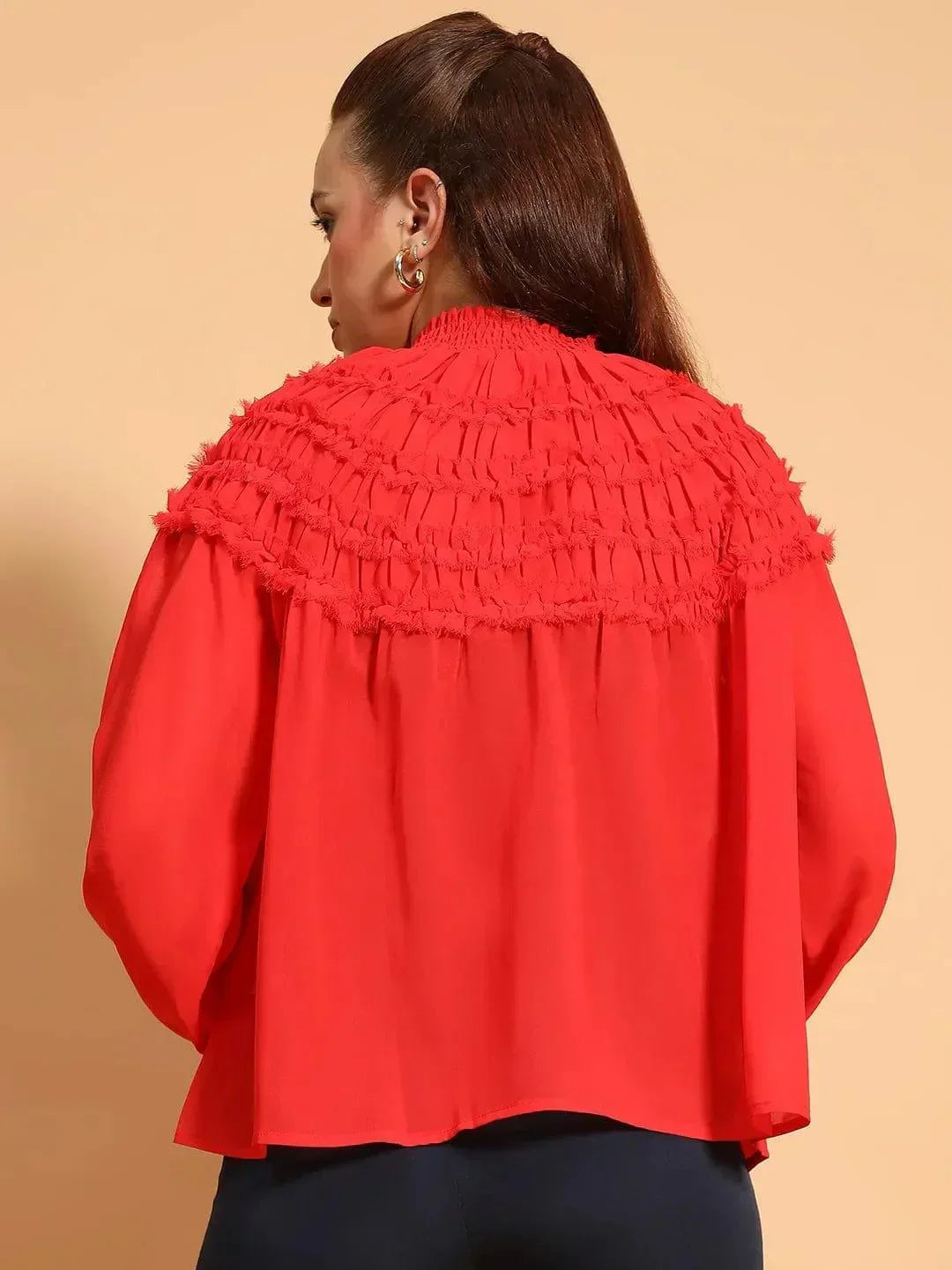 Whole Red Long Sleeve Frill Detail Semi Sheer Women Top - oxolloxo