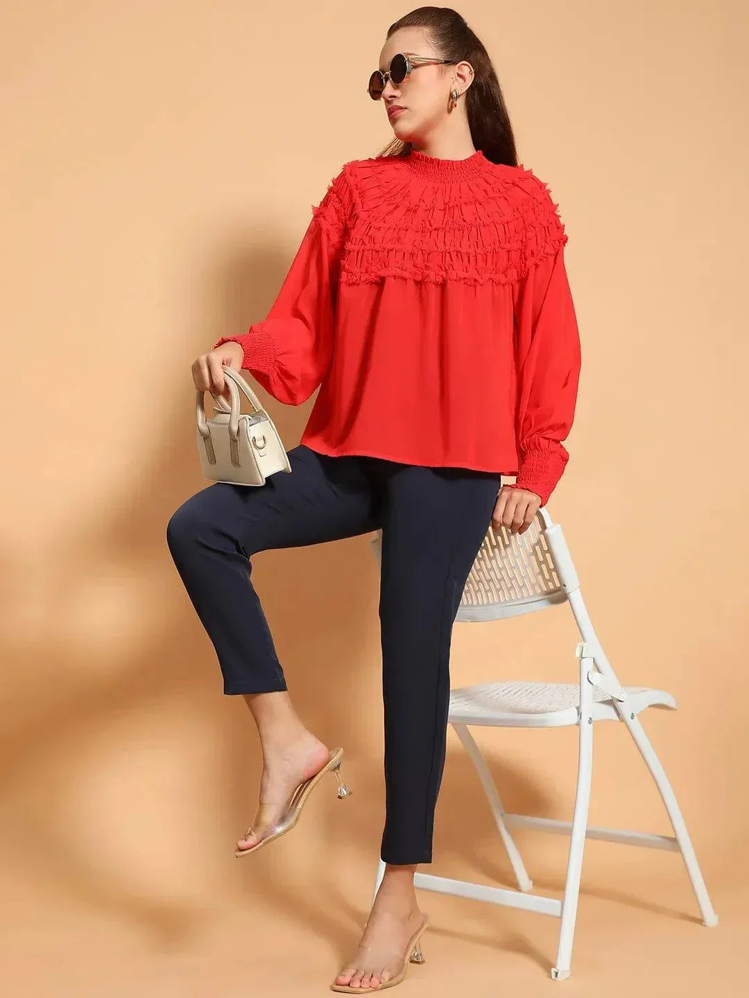 Whole Red Long Sleeve Frill Detail Semi Sheer Women Top - oxolloxo