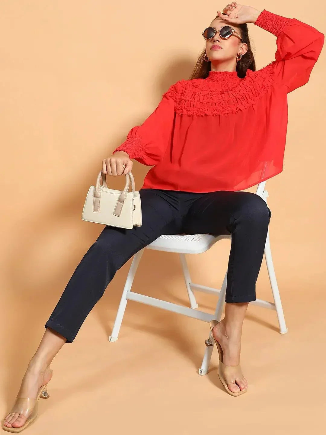 Whole Red Long Sleeve Frill Detail Semi Sheer Women Top - oxolloxo