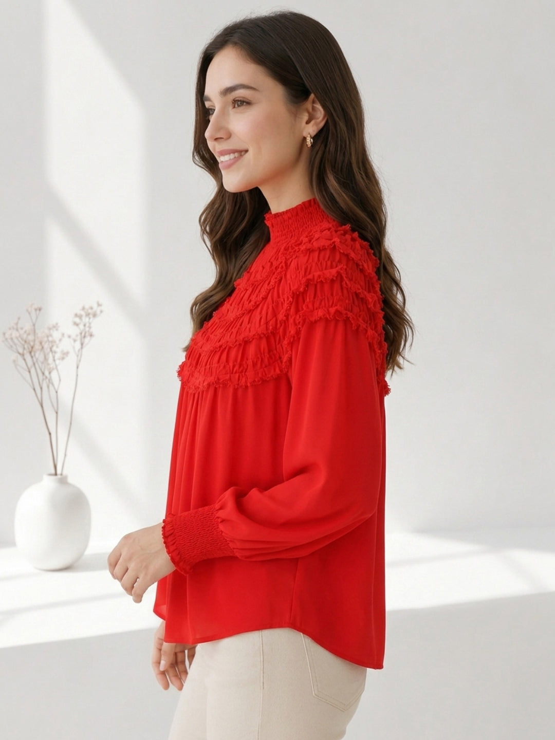 Red ruffled long sleeve blouse for women, stylish plus size fashion top