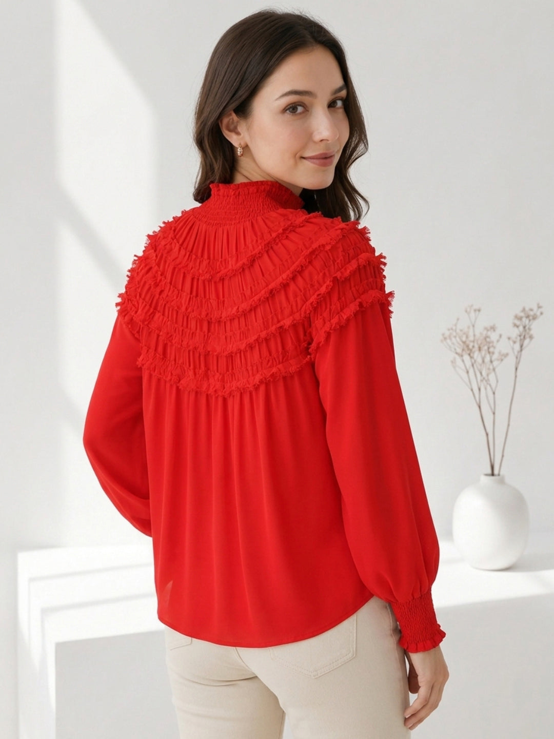 Red ruffled blouse with long sleeves, plus size women's fashion, stylish top for casual wear
