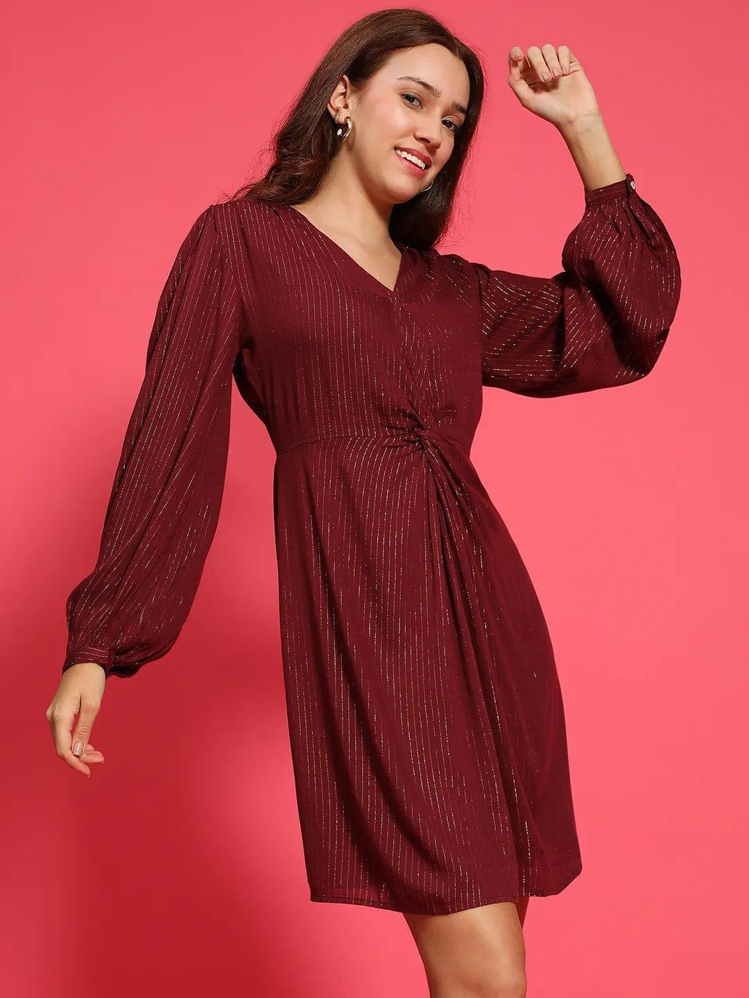 Maroon Long Sleeve Gathered Pleated Women Lurex Dress - oxolloxo