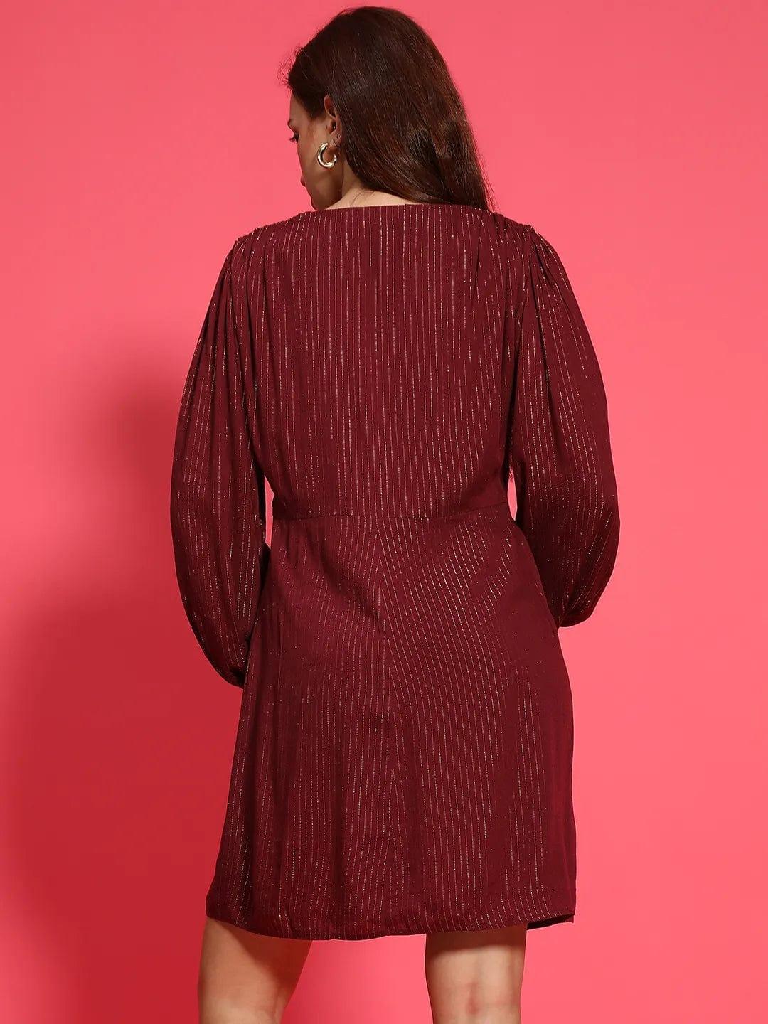 Maroon Long Sleeve Gathered Pleated Women Lurex Dress - oxolloxo