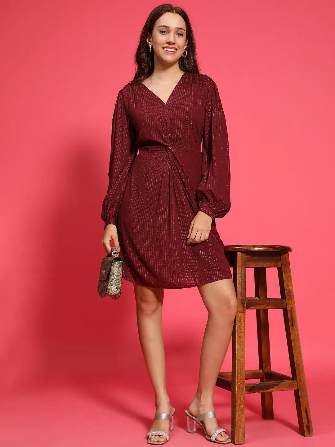 Maroon Long Sleeve Gathered Pleated Women Lurex Dress - oxolloxo