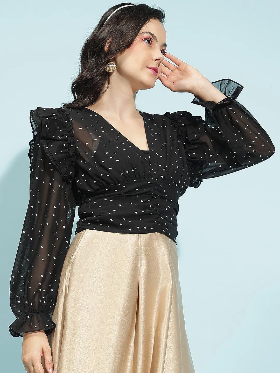 Big Black Long Sleeve Ruffle Detail Women Crop Top - oxolloxo