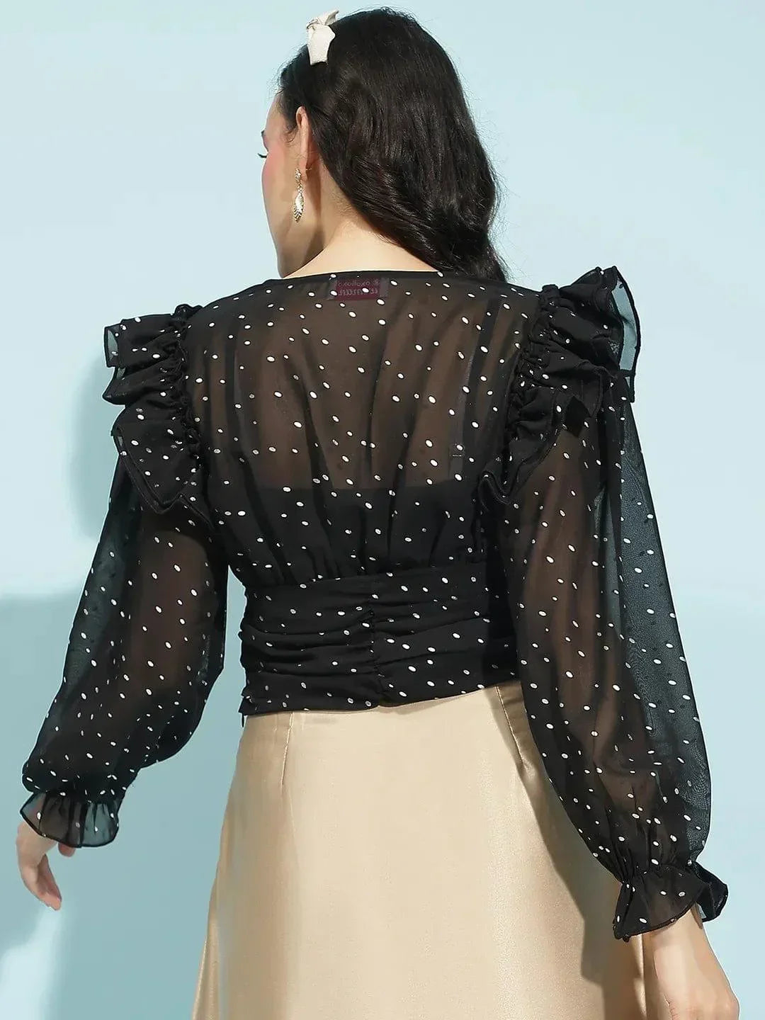 Big Black Long Sleeve Ruffle Detail Women Crop Top - oxolloxo