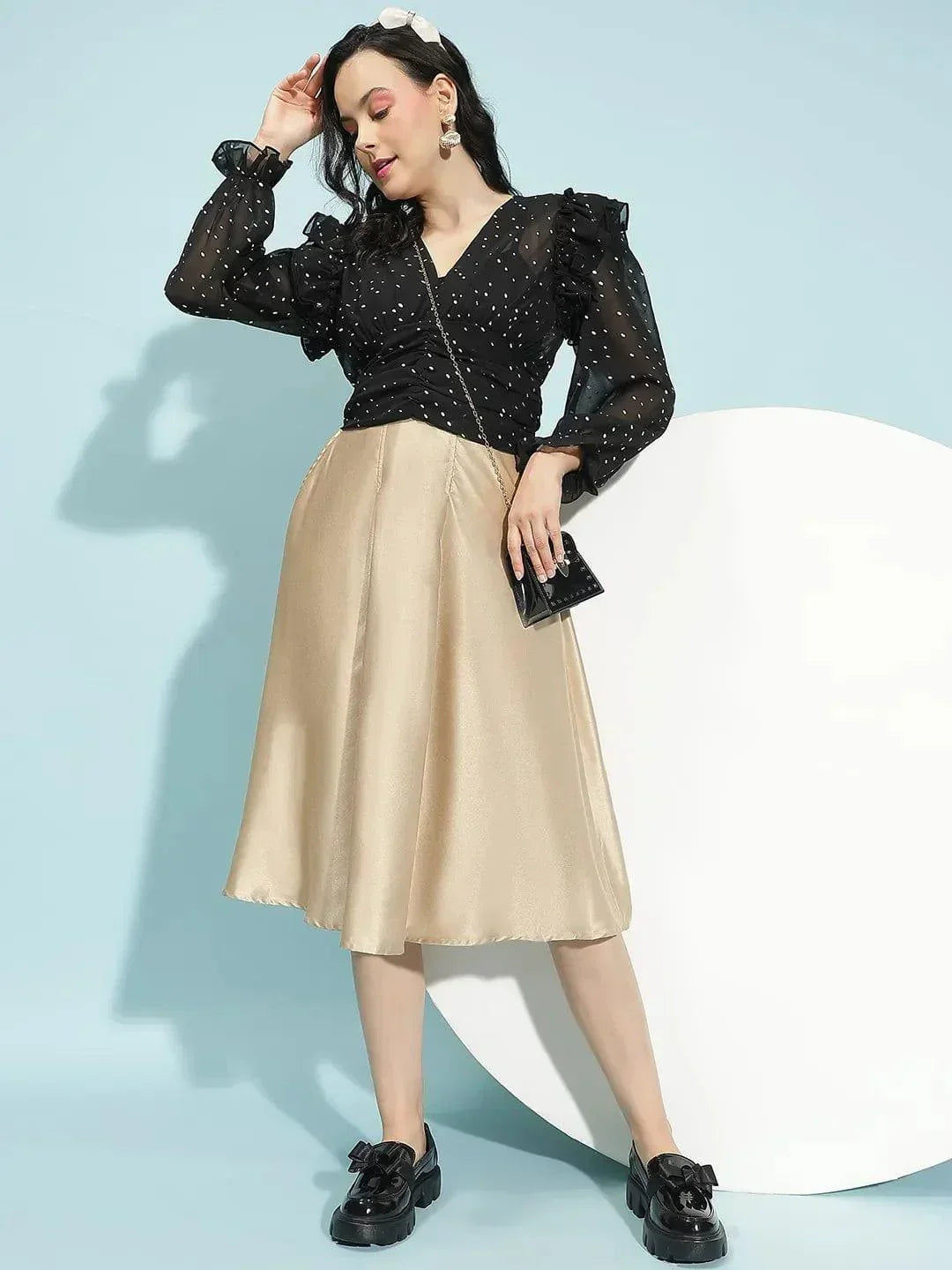 Big Black Long Sleeve Ruffle Detail Women Crop Top - oxolloxo