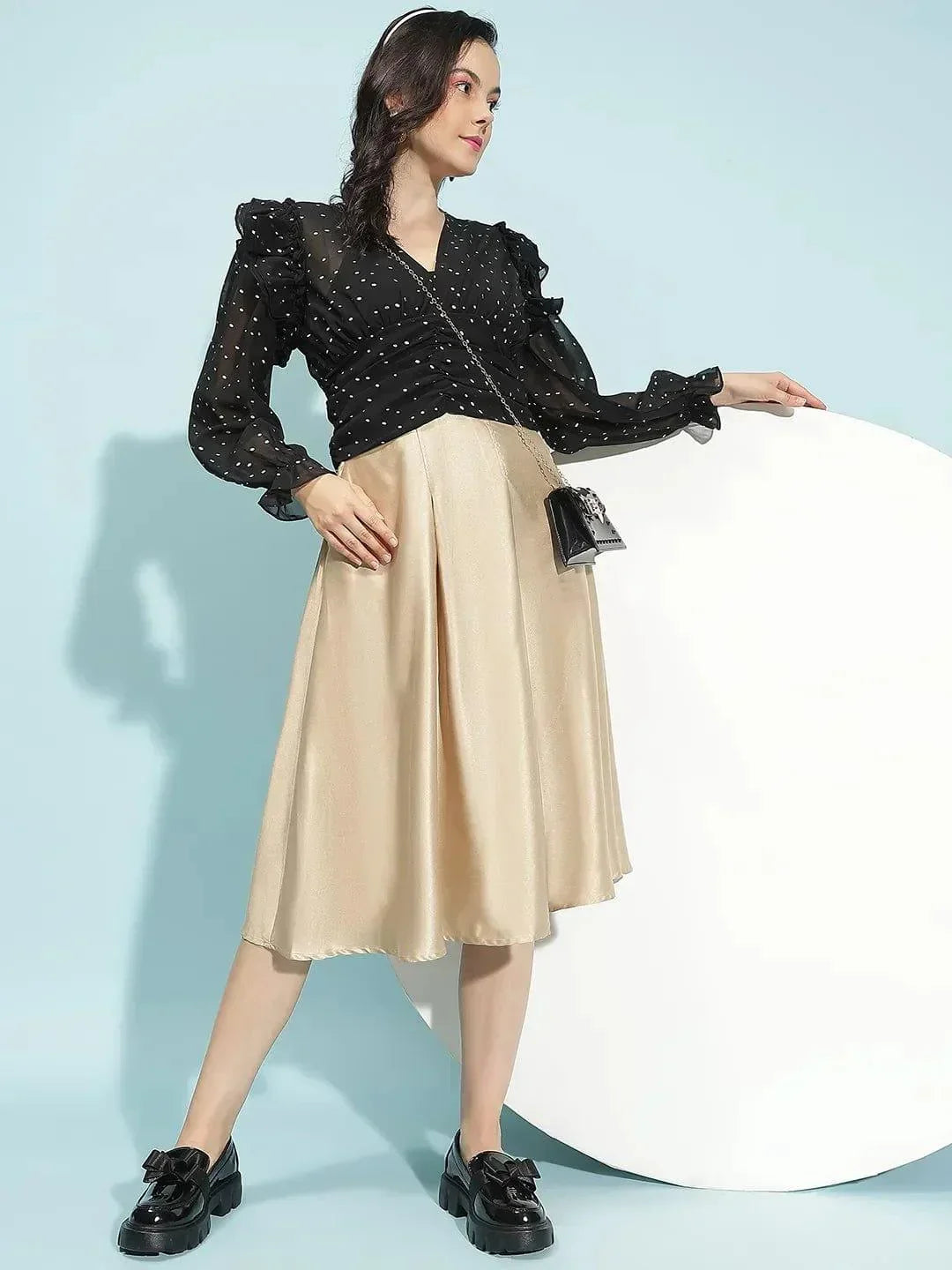 Big Black Long Sleeve Ruffle Detail Women Crop Top - oxolloxo