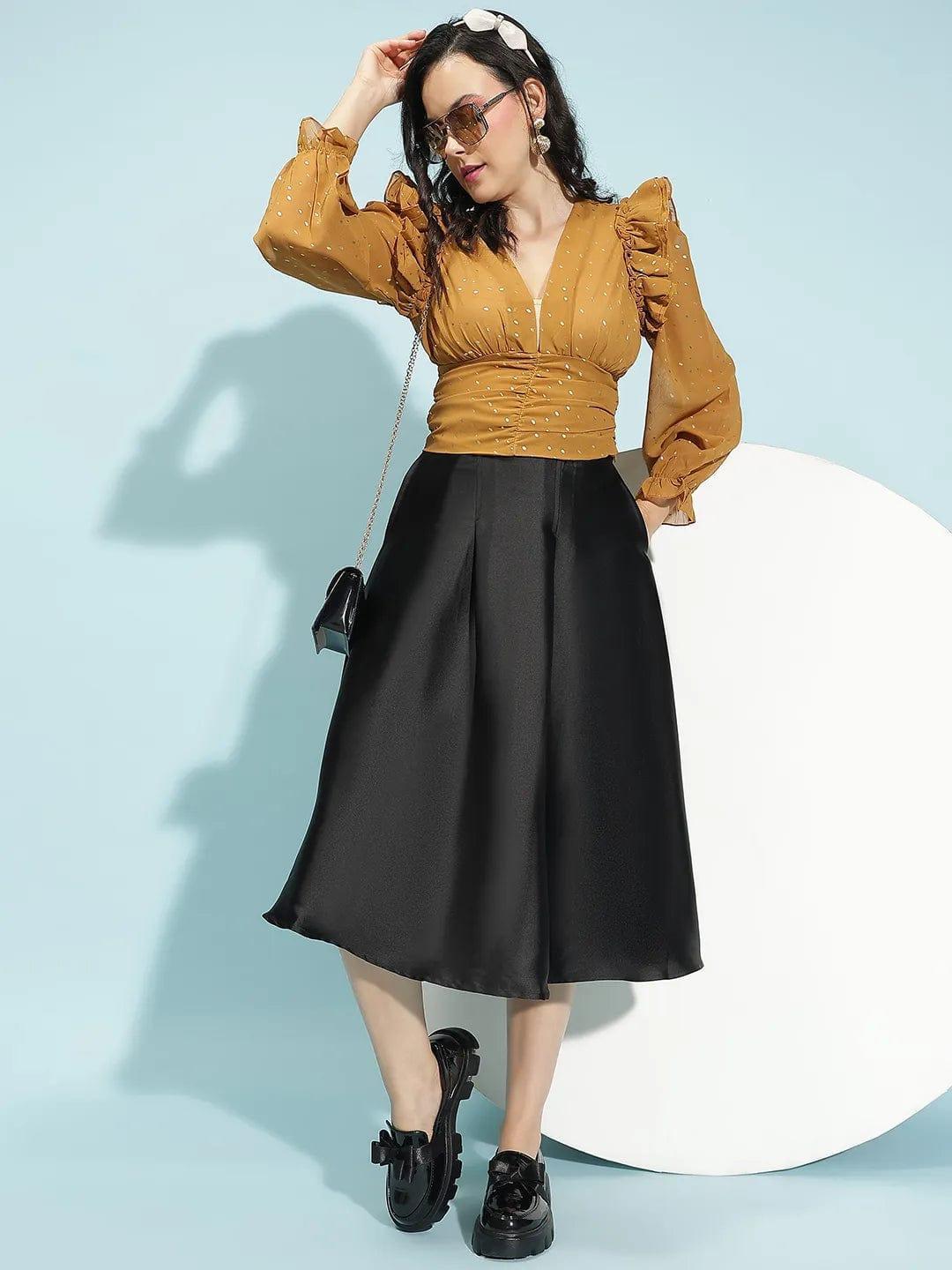 Mustard Long Sleeve Ruffle Detail Women Crop Top - oxolloxo