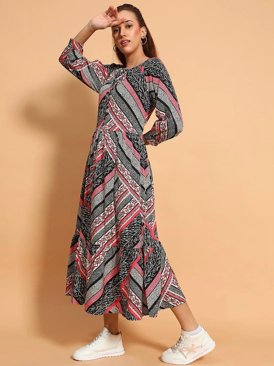 Multicolor Floral Print Long Sleeve Women Maxi Dress - oxolloxo