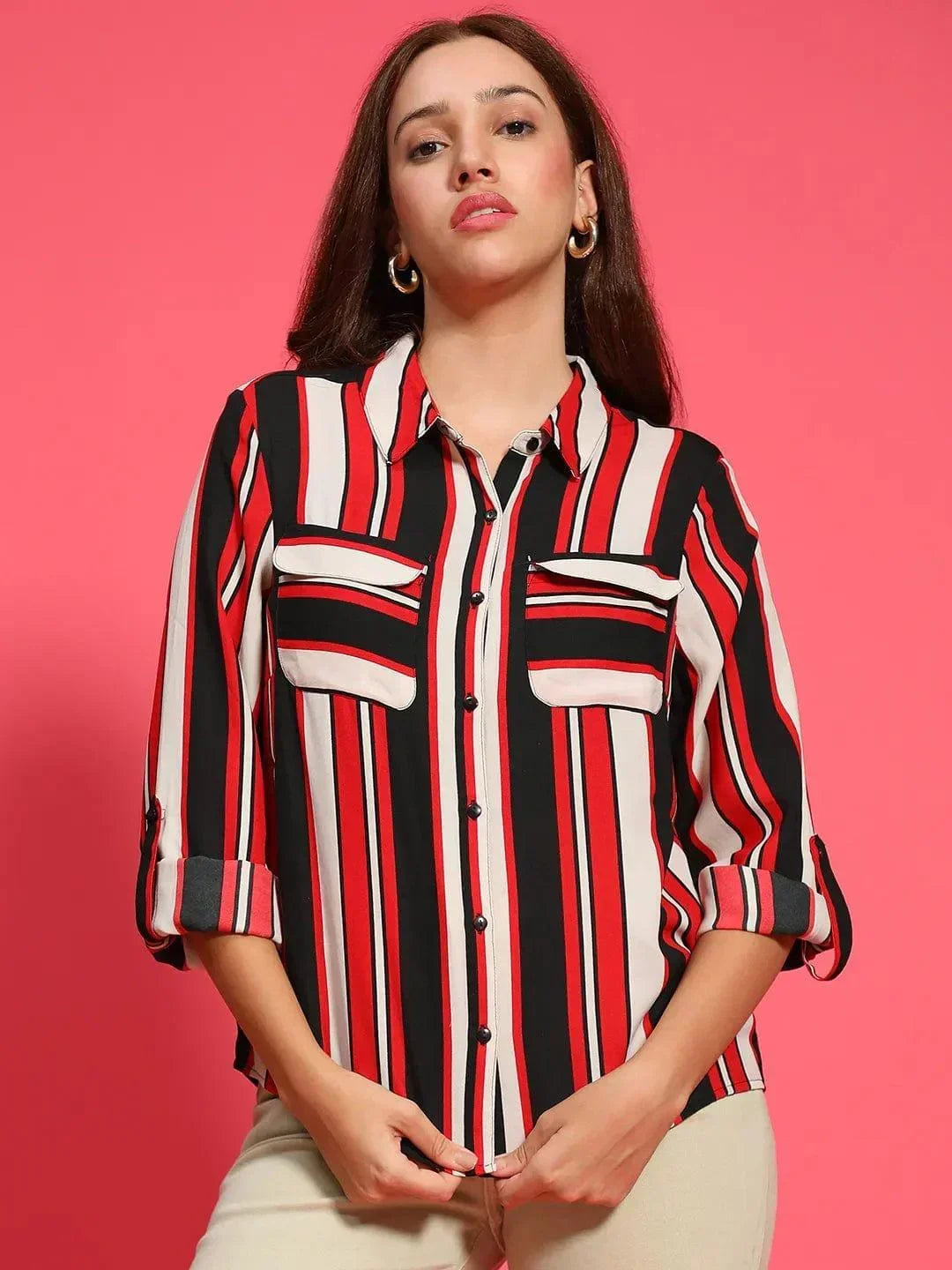 Women Stripe Print Long Sleeve Collared Multicolor Top With Pockets - oxolloxo