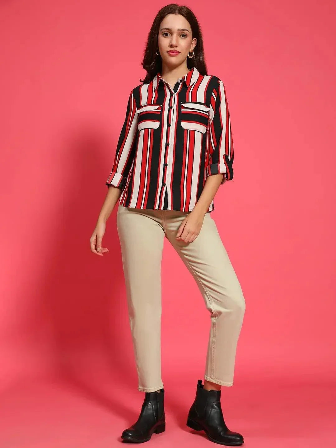 Women Stripe Print Long Sleeve Collared Multicolor Top With Pockets - oxolloxo