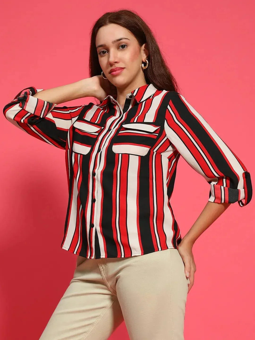 Women Stripe Print Long Sleeve Collared Multicolor Top With Pockets - oxolloxo