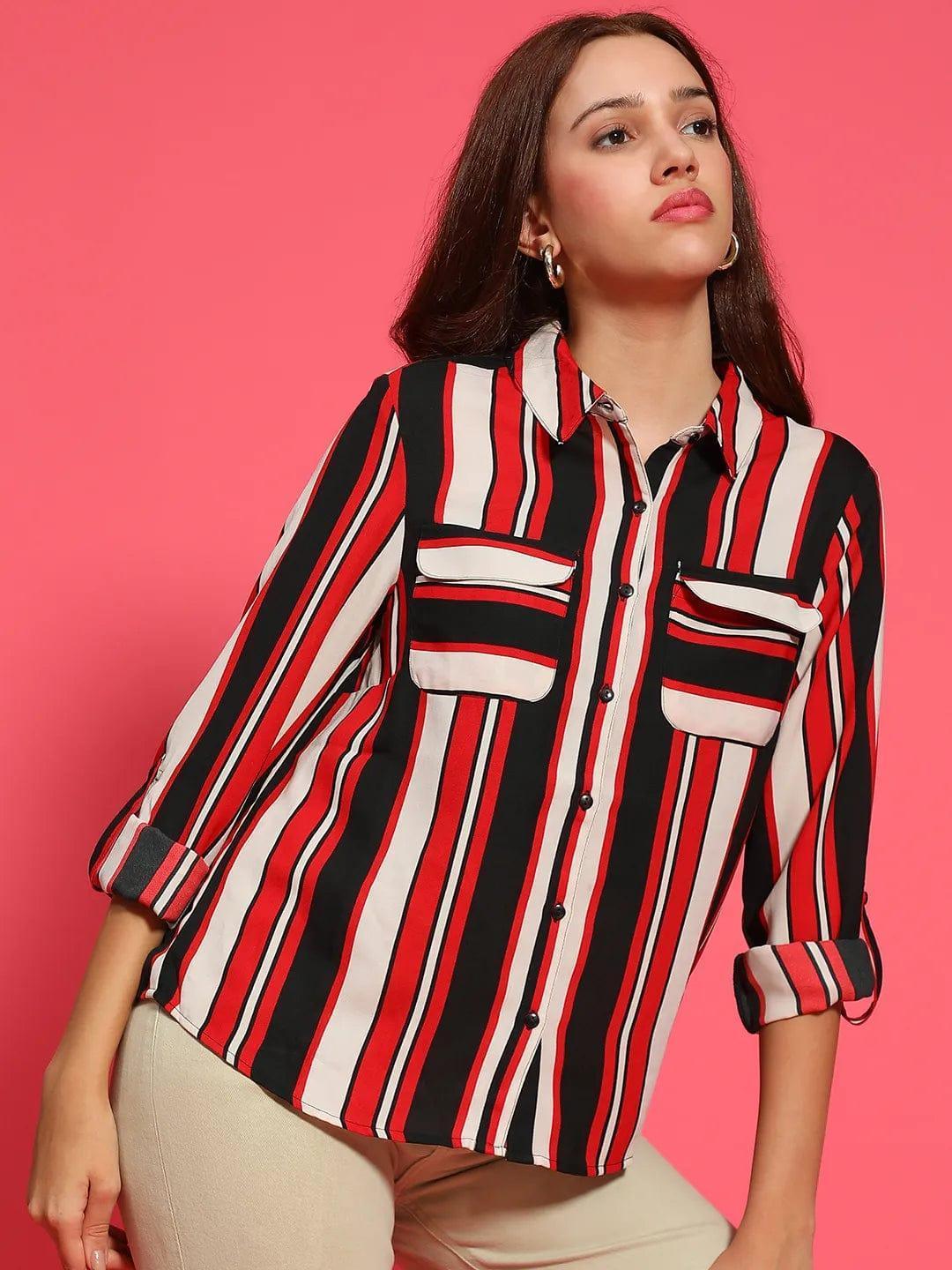 Women Stripe Print Long Sleeve Collared Multicolor Top With Pockets - oxolloxo
