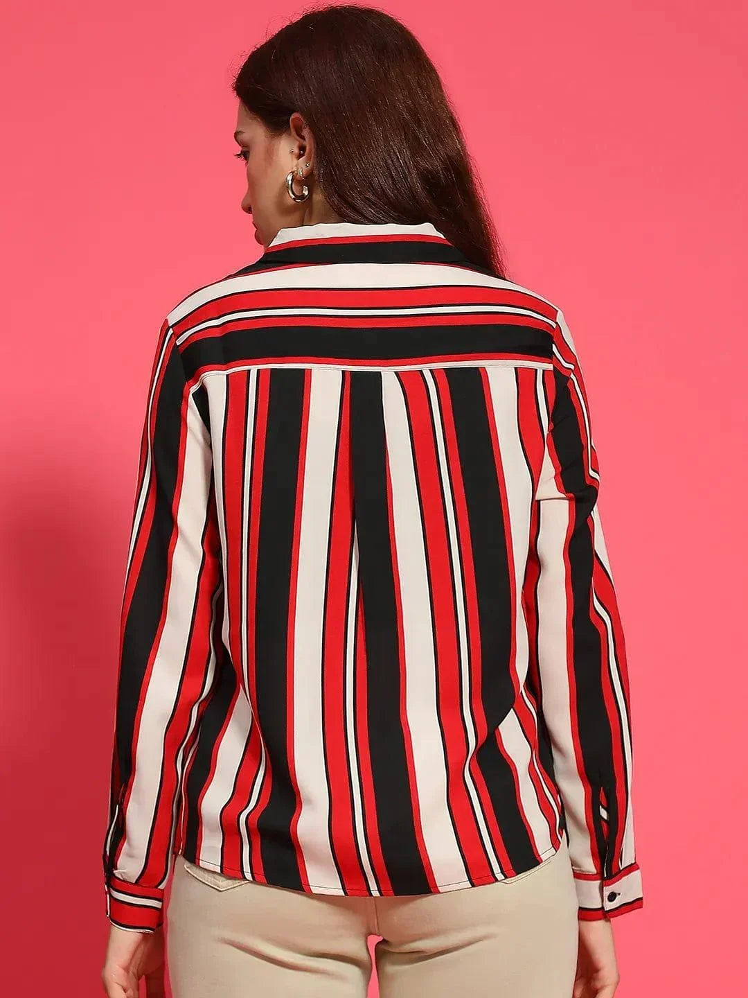 Women Stripe Print Long Sleeve Collared Multicolor Top With Pockets - oxolloxo