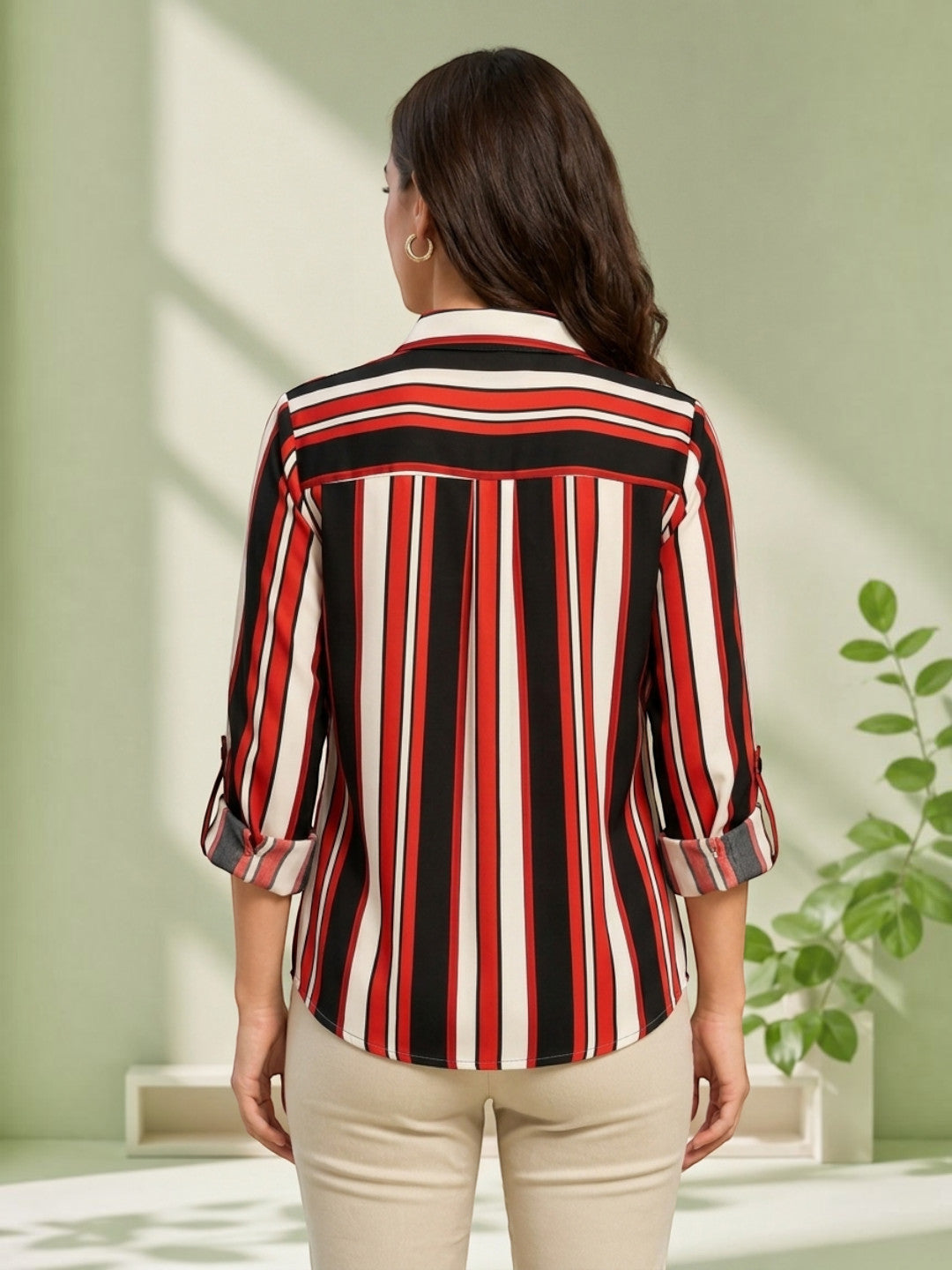Red black white striped women's shirt with rolled sleeves, plus size fashion