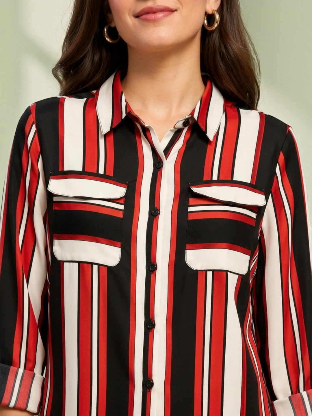 Red black white striped button-up shirt with chest pockets for women's fashion
