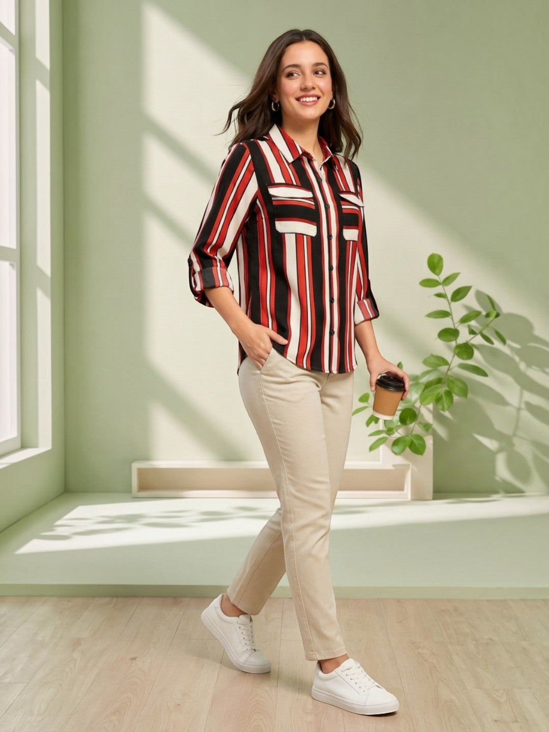 Woman in striped shirt and beige pants, holding coffee, stylish casual outfit