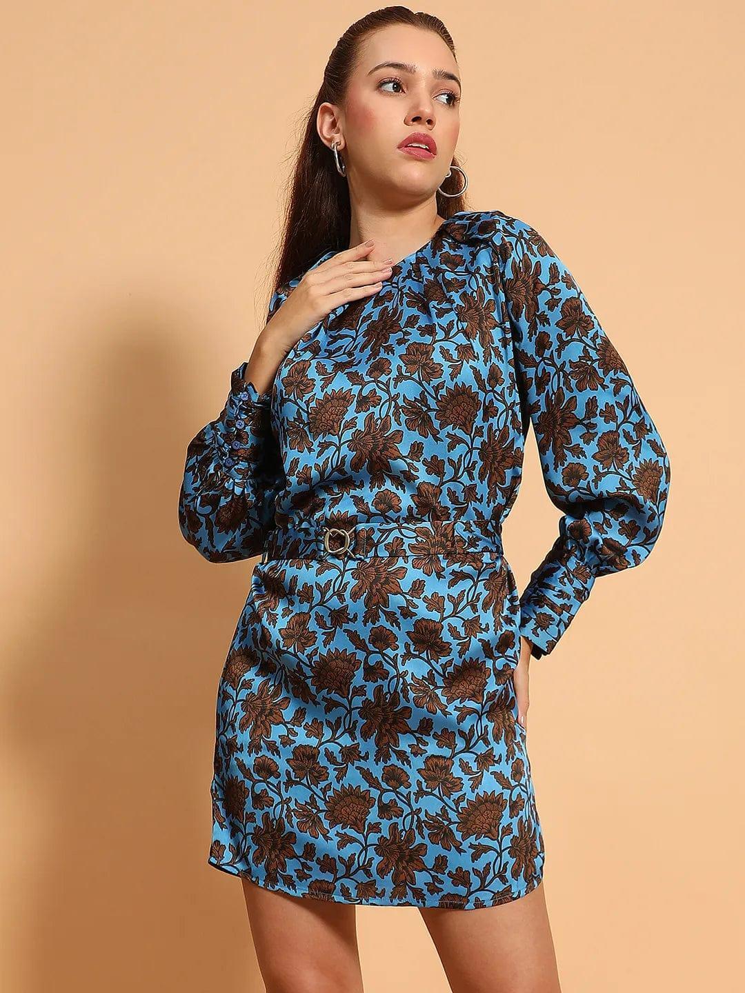 Lively Blue Floral Print Long Sleeve Satin Women Dress With Waist Belt - oxolloxo