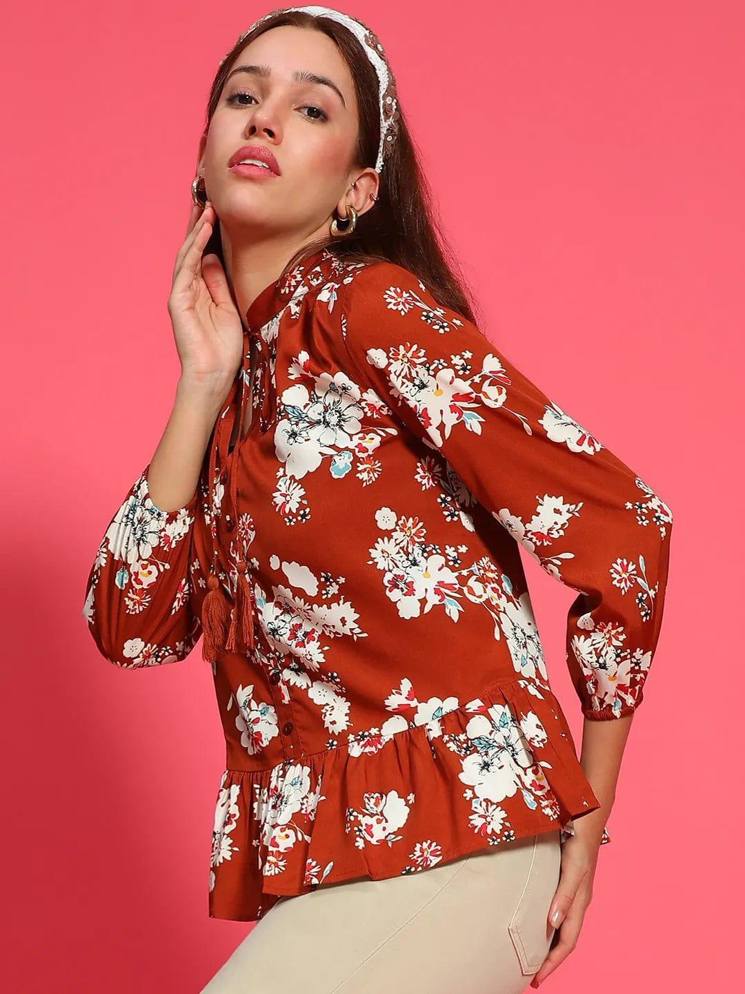 Elite Rust Long Sleeve Floral Print Long Sleeve Women Top - oxolloxo