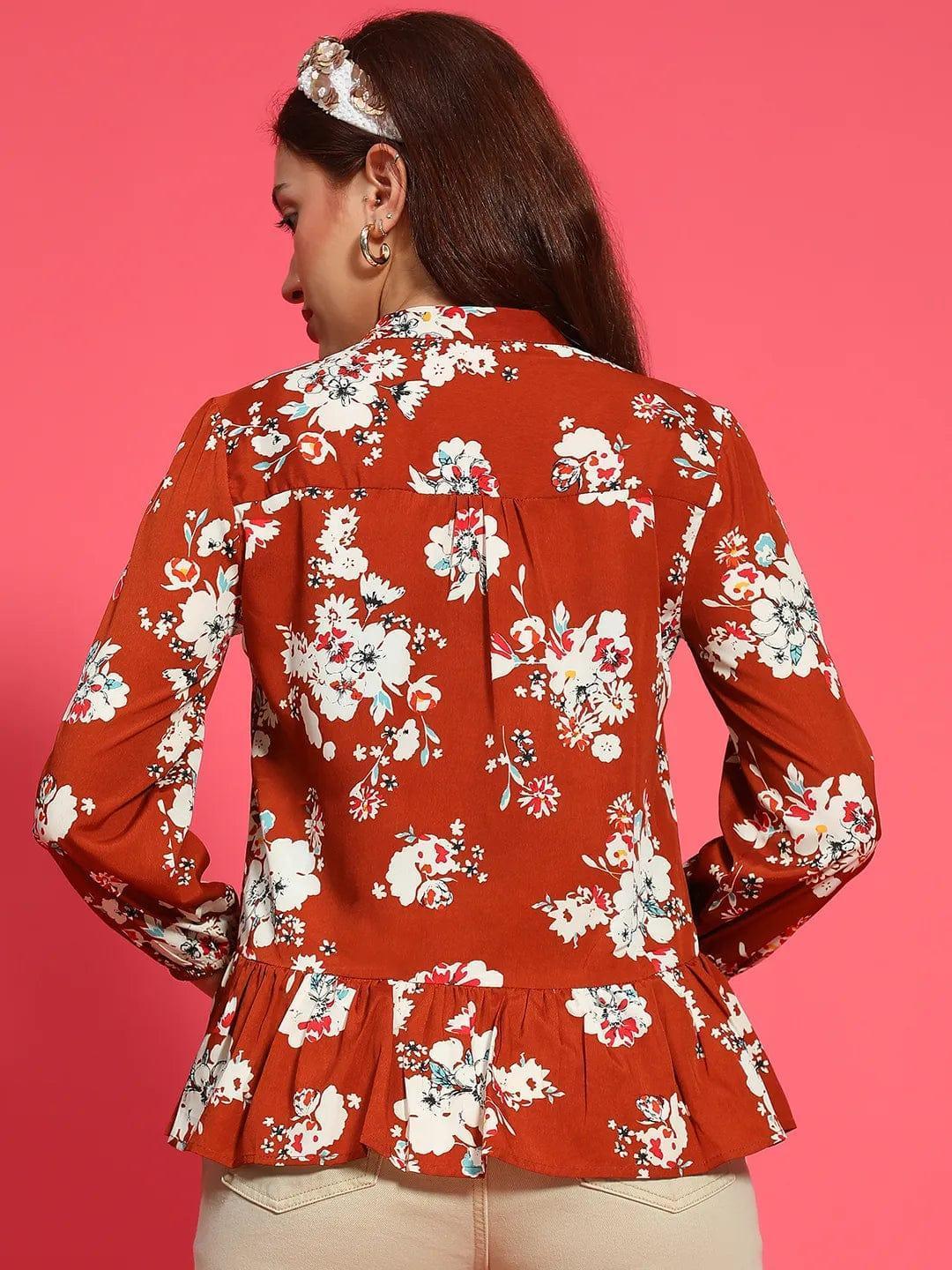 Elite Rust Long Sleeve Floral Print Long Sleeve Women Top - oxolloxo