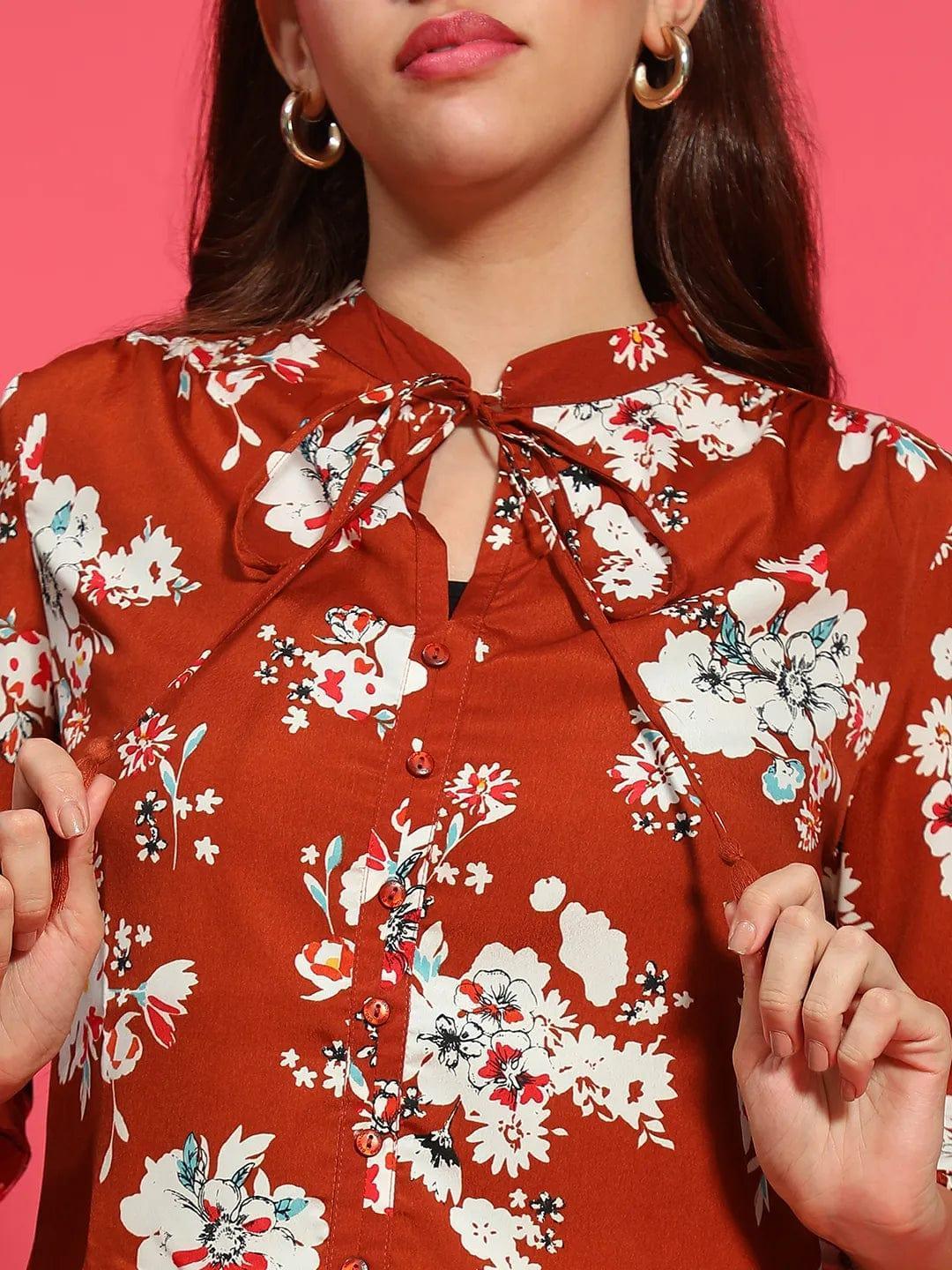 Elite Rust Long Sleeve Floral Print Long Sleeve Women Top - oxolloxo