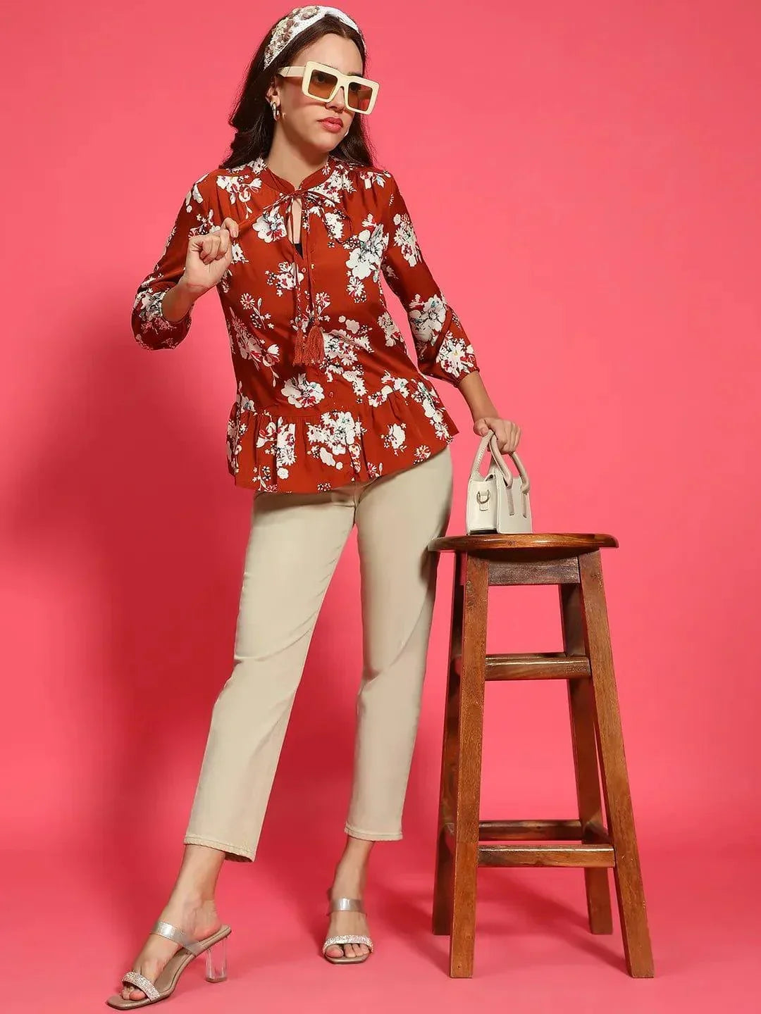 Elite Rust Long Sleeve Floral Print Long Sleeve Women Top - oxolloxo