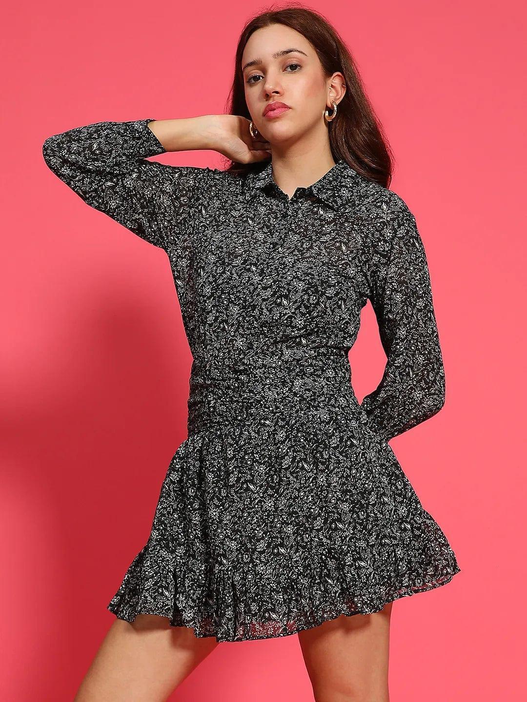 Black Floral Print Button Down Collared Long Sleeve Women Dress with Front Gather Pleates - oxolloxo