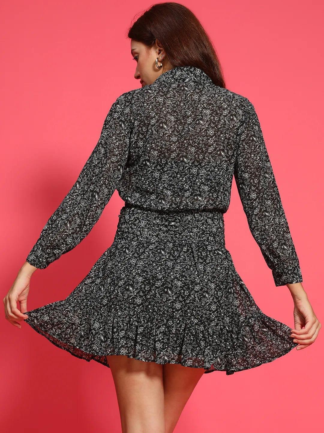 Black Floral Print Button Down Collared Long Sleeve Women Dress with Front Gather Pleates - oxolloxo