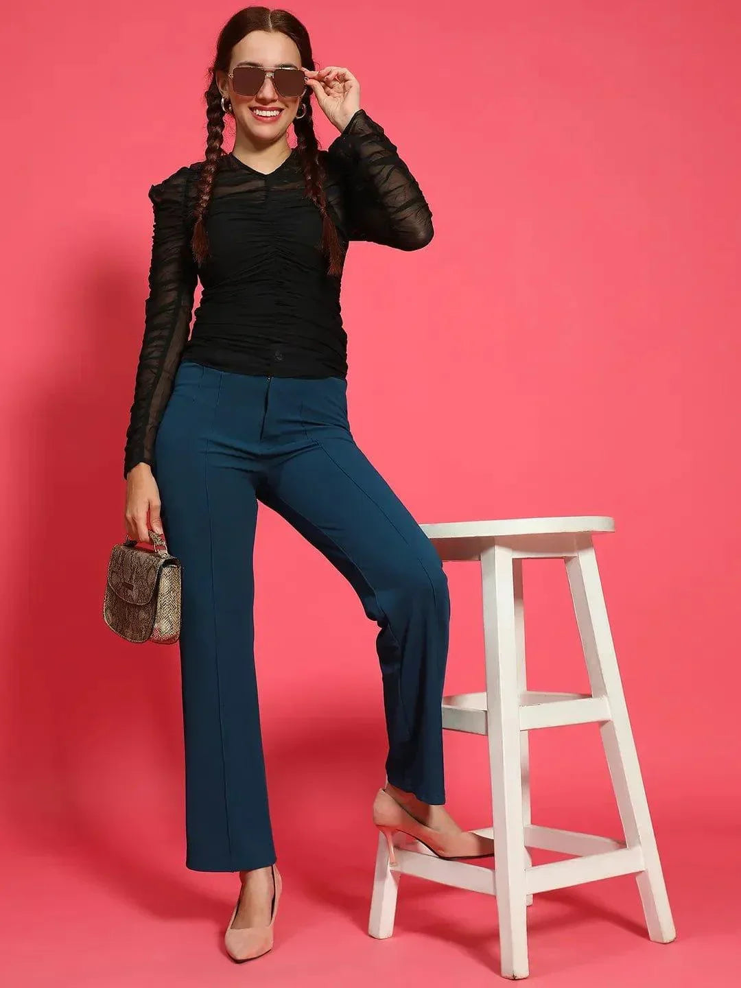 Excited Black Long Sleeve Gather Pleated Semi Sheer Women Top - oxolloxo