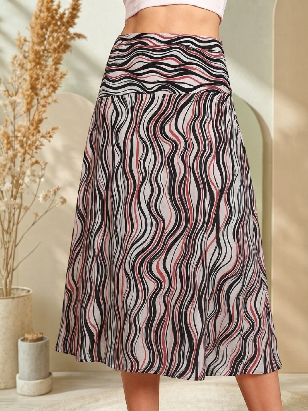 Black, white, and red wavy print midi skirt for women, stylish and comfortable fashion wear