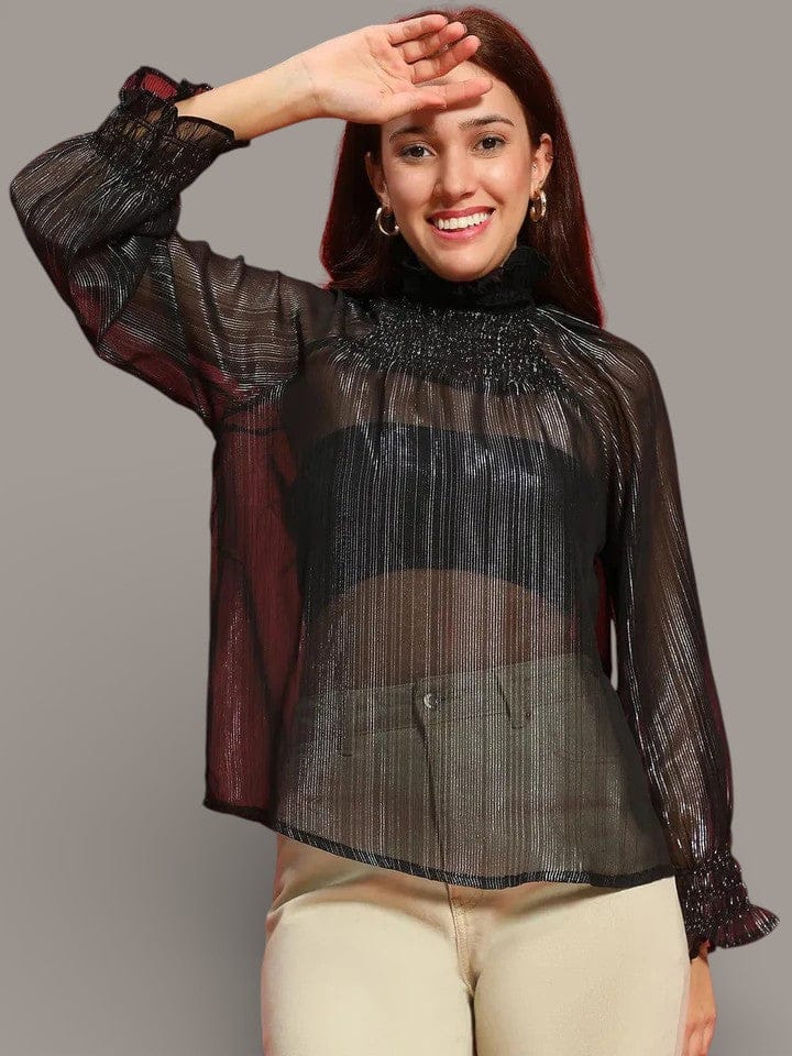 Artful Black Long Sleeve Semi Sheer Women Top - oxolloxo