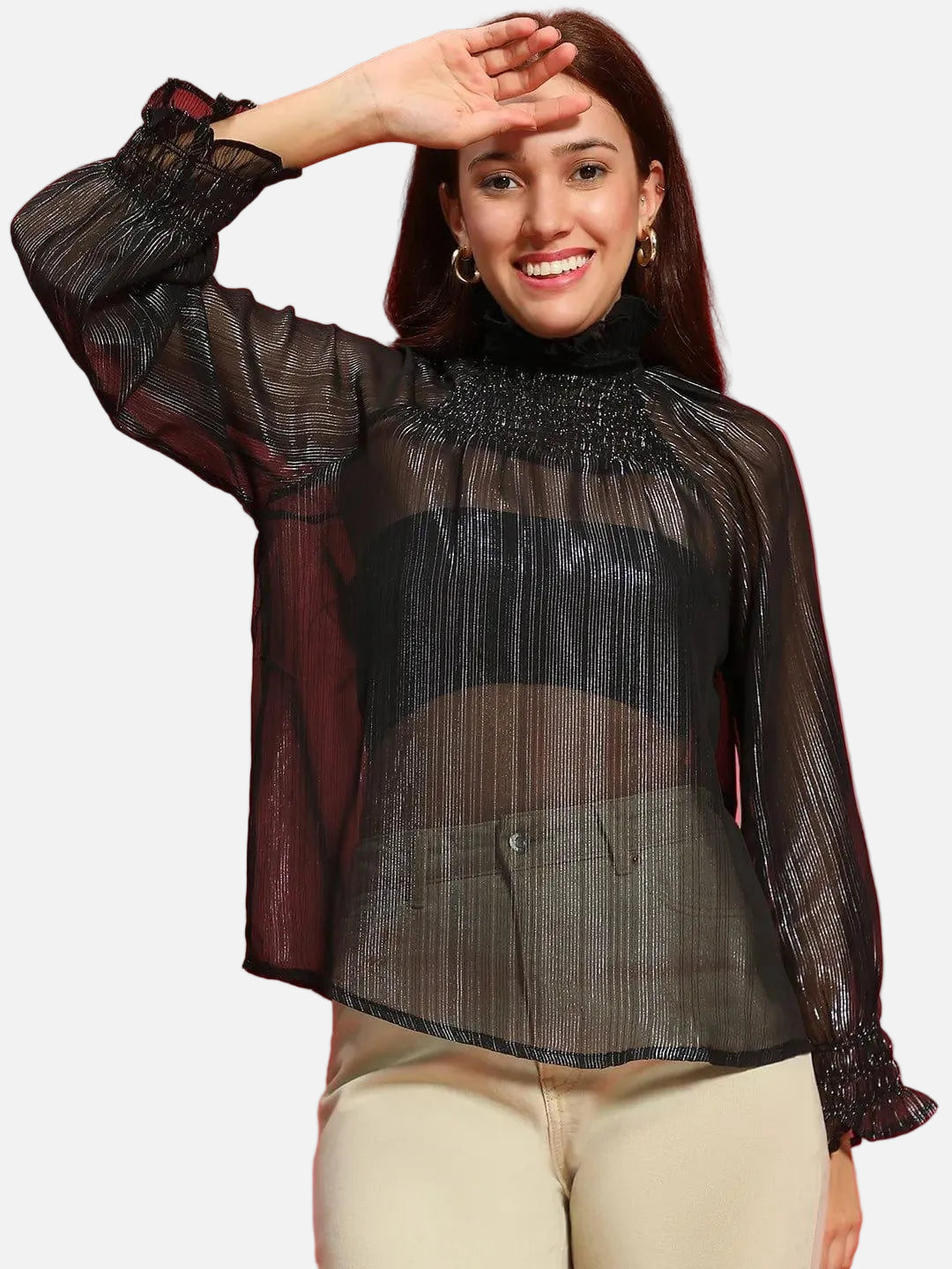 Artful Black Long Sleeve Semi Sheer Women Top - oxolloxo