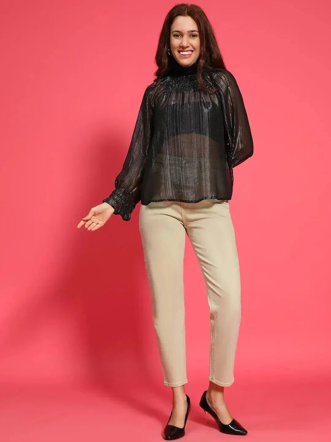 Artful Black Long Sleeve Semi Sheer Women Top - oxolloxo