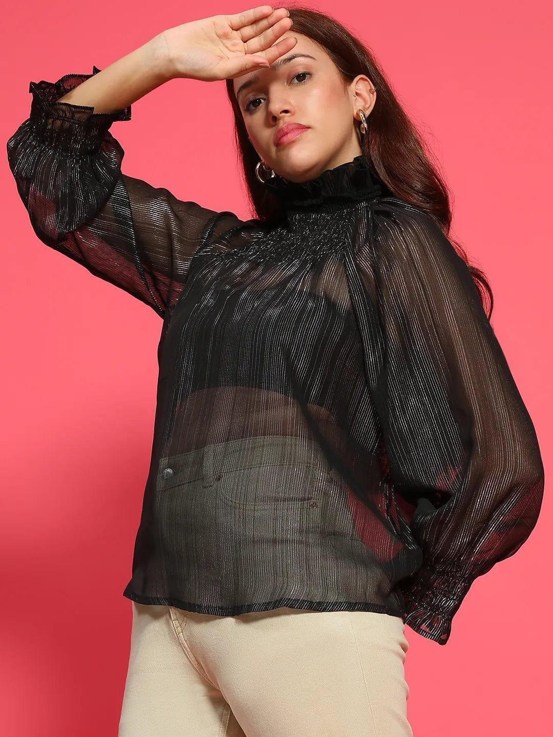 Artful Black Long Sleeve Semi Sheer Women Top - oxolloxo