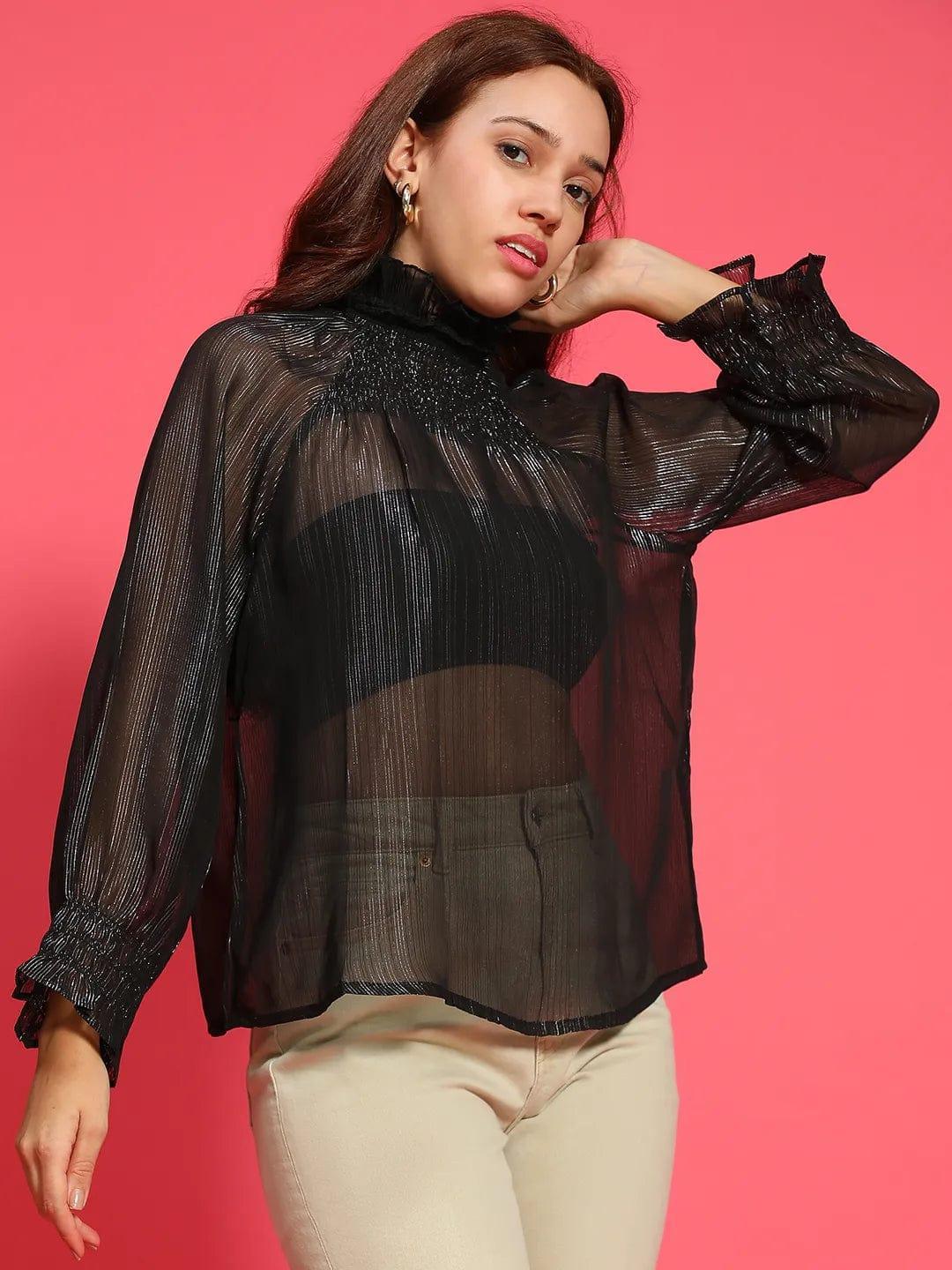 Artful Black Long Sleeve Semi Sheer Women Top - oxolloxo