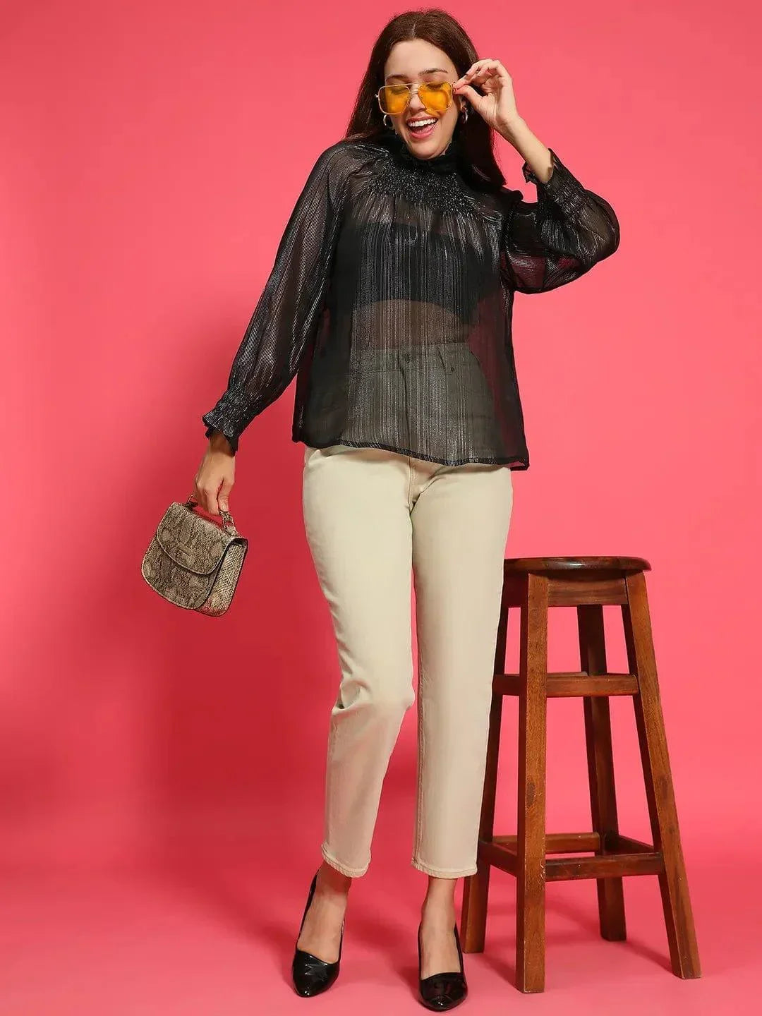 Artful Black Long Sleeve Semi Sheer Women Top - oxolloxo