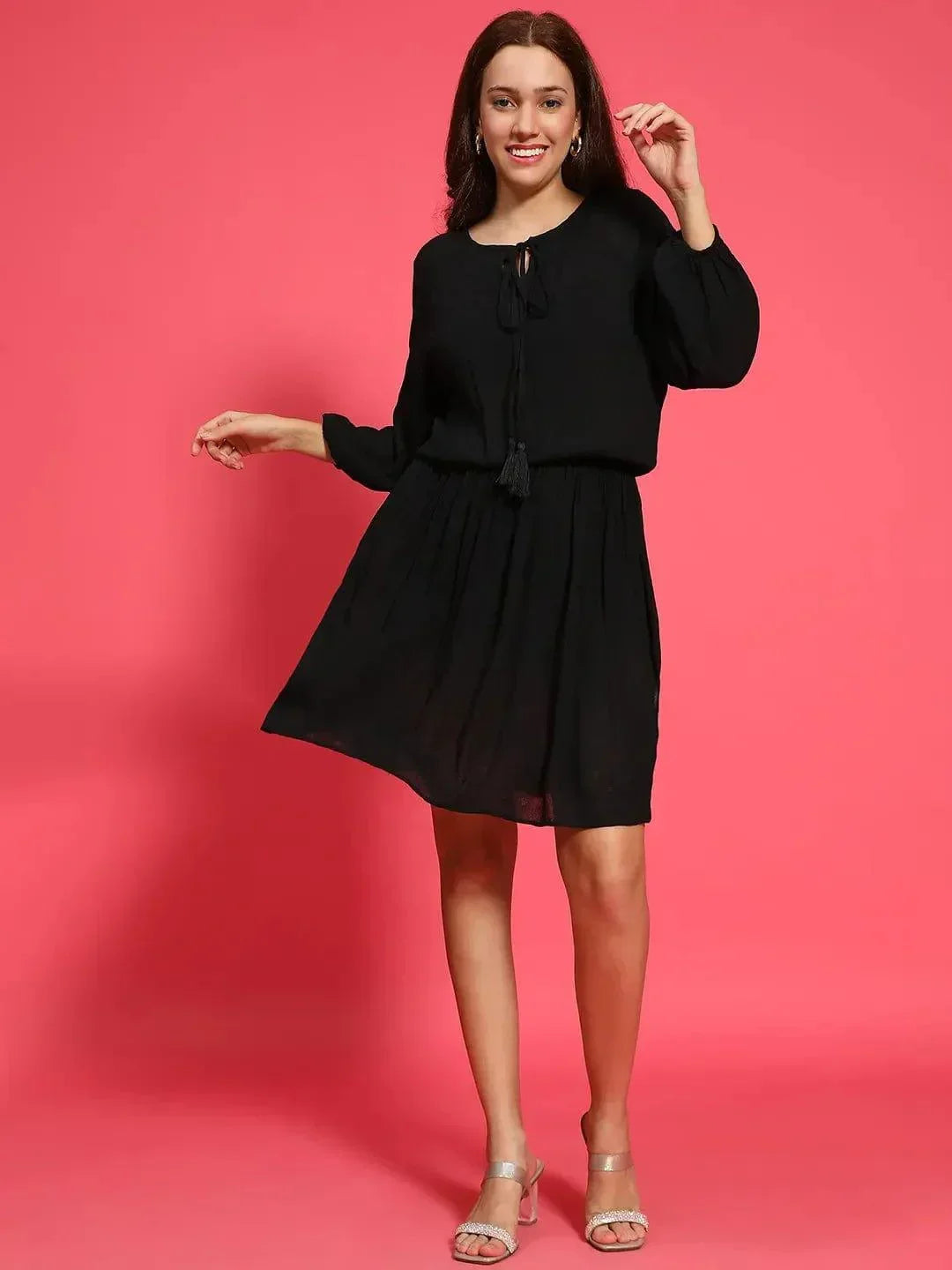 Stellar Black Elasticated Casual Women Dress - oxolloxo