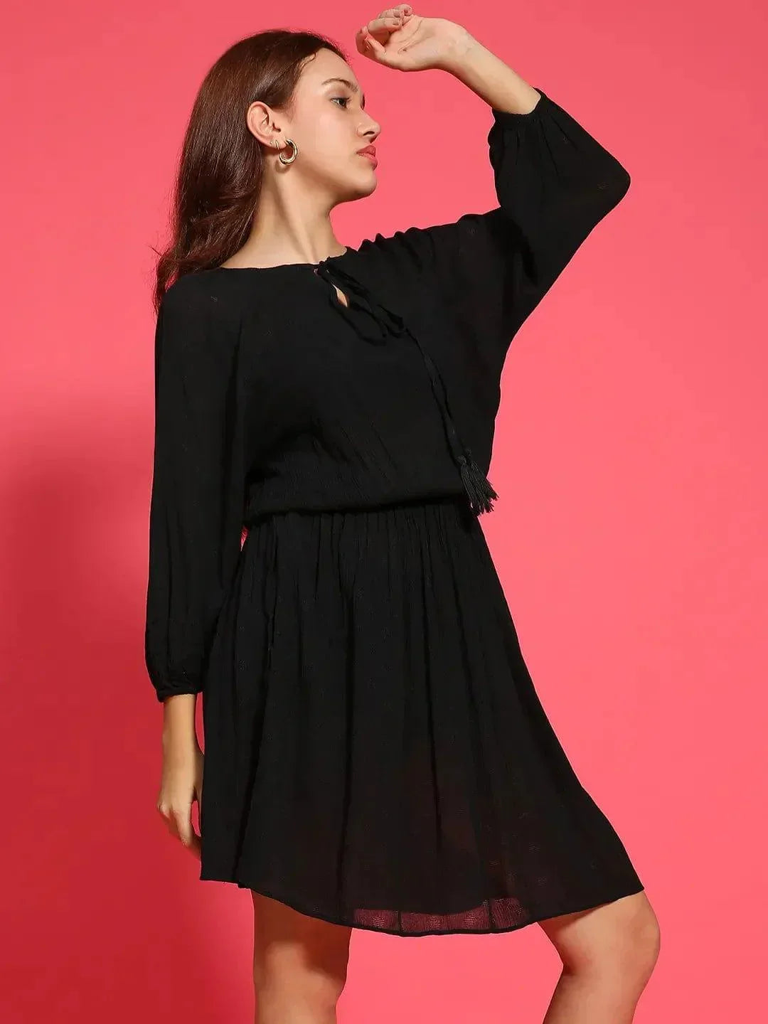 Stellar Black Elasticated Casual Women Dress - oxolloxo