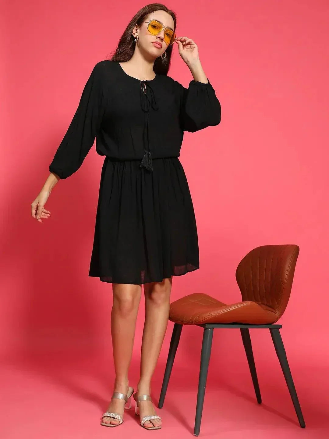 Stellar Black Elasticated Casual Women Dress - oxolloxo