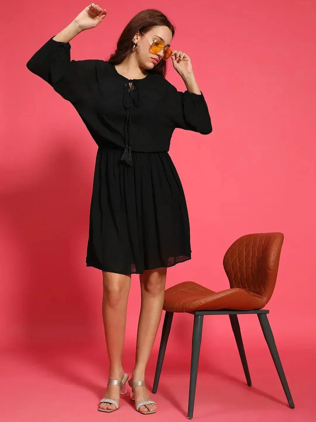Stellar Black Elasticated Casual Women Dress - oxolloxo