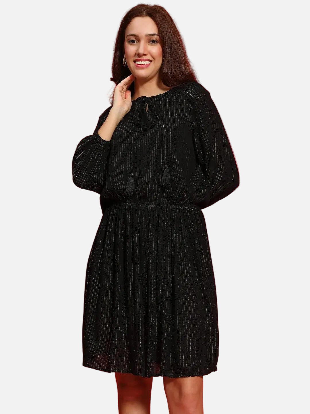 Signature Black Elasticated Lurex Print Women Dress - oxolloxo