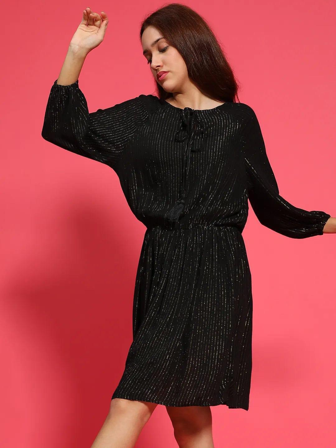 Signature Black Elasticated Lurex Print Women Dress - oxolloxo