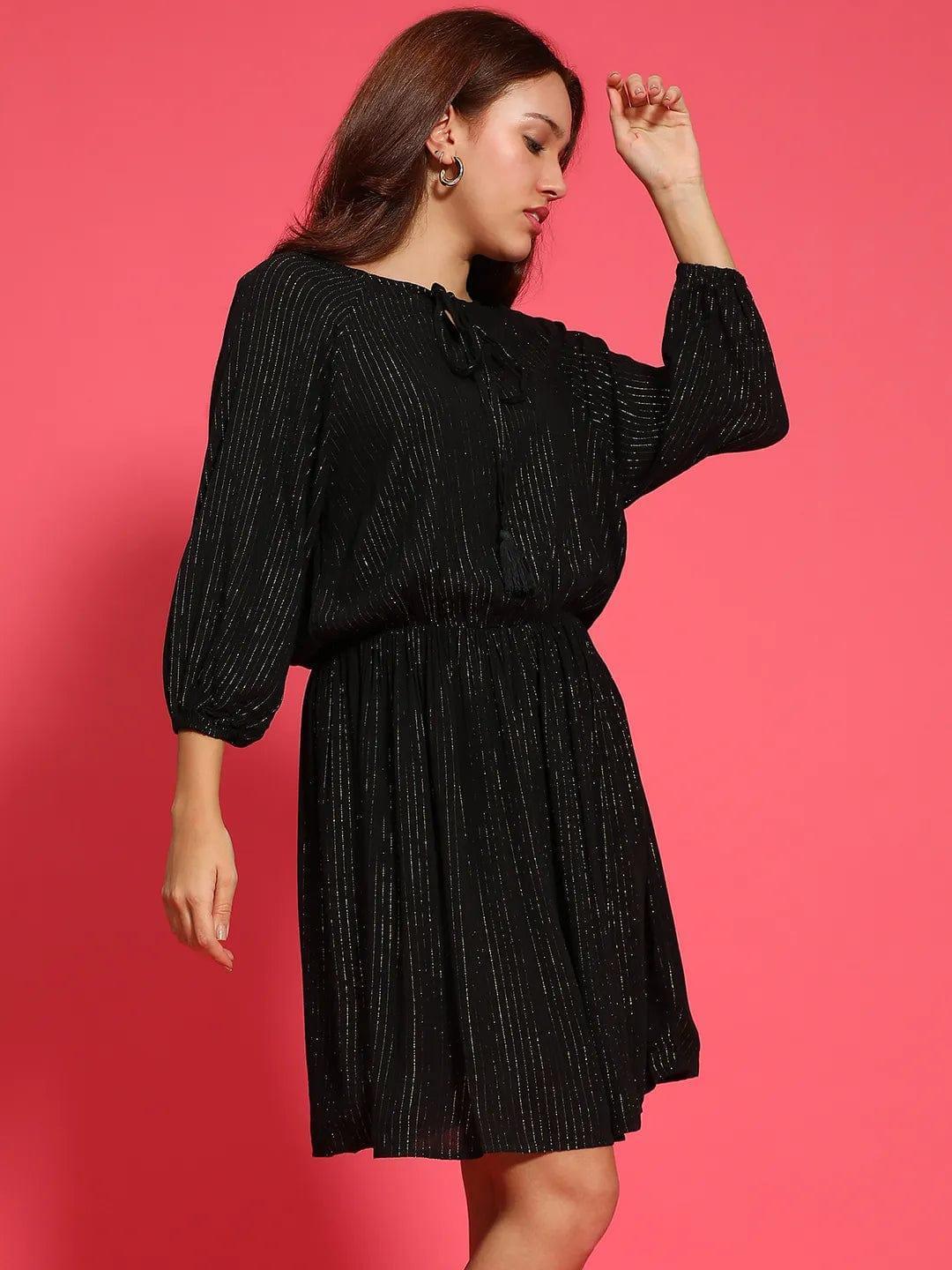 Signature Black Elasticated Lurex Print Women Dress - oxolloxo