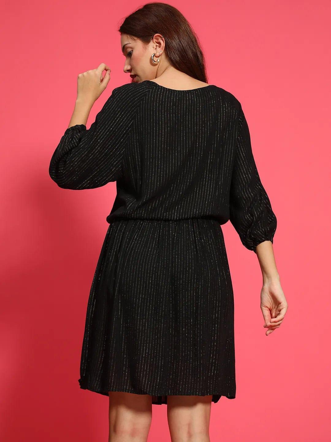 Signature Black Elasticated Lurex Print Women Dress - oxolloxo