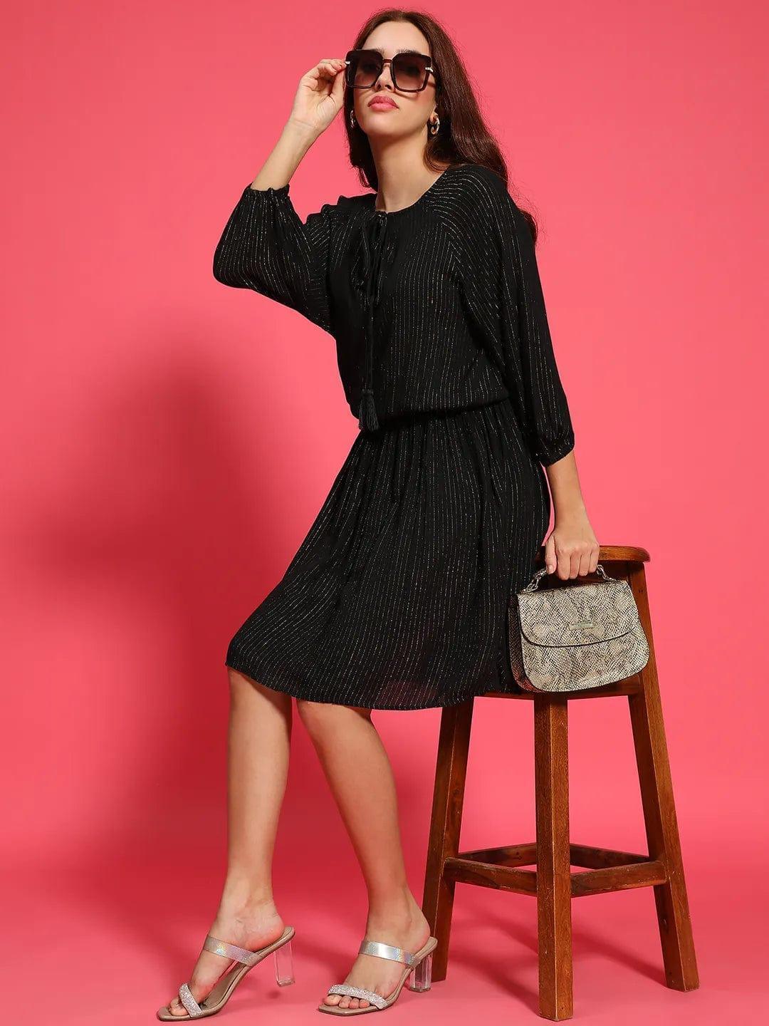 Signature Black Elasticated Lurex Print Women Dress - oxolloxo