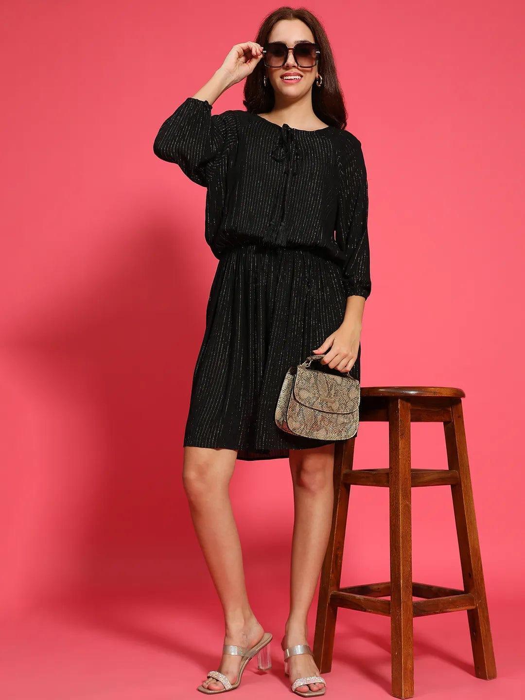 Signature Black Elasticated Lurex Print Women Dress - oxolloxo