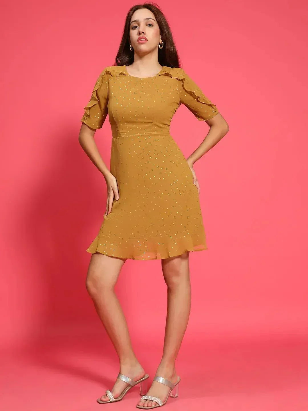 Vivid Mustard Color Ruffle Detail Foil Print Women Dress - oxolloxo