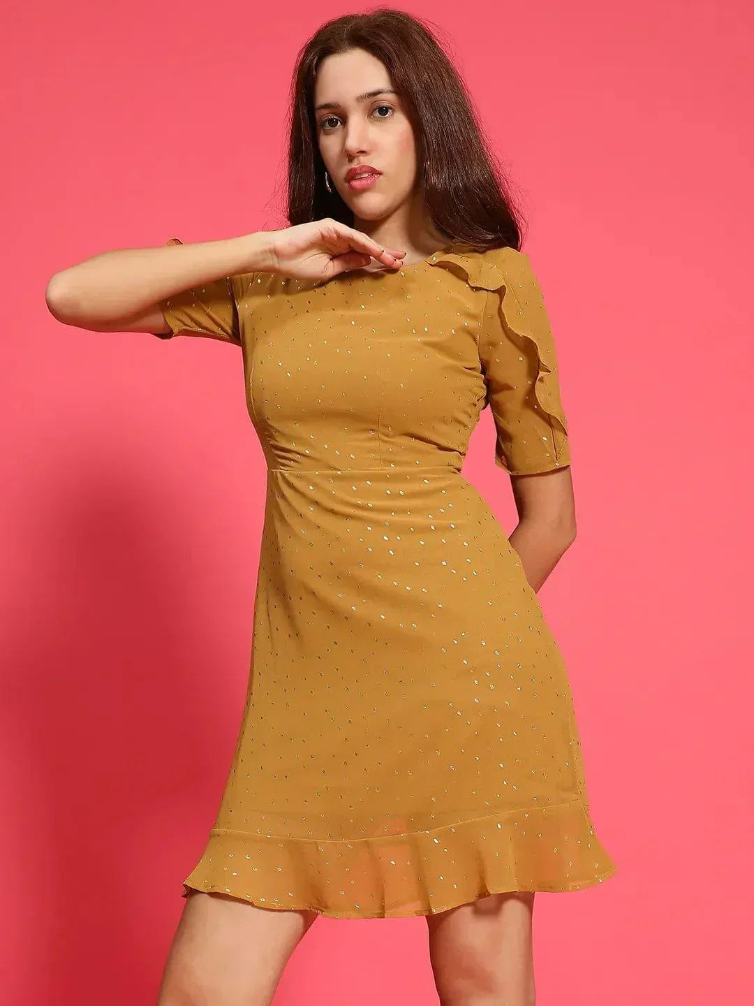 Vivid Mustard Color Ruffle Detail Foil Print Women Dress - oxolloxo